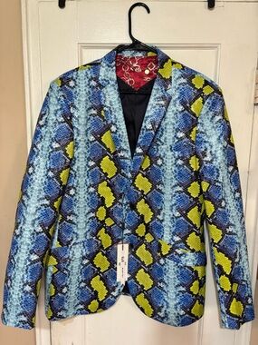 ELIE BALLEH Bold Blue & Lime Snake-Print Men's Blazer